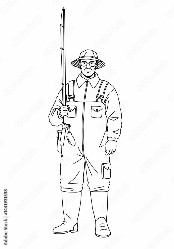 Fototapeta premium Fisherman Holding Fishing Rod Line Art Illustration