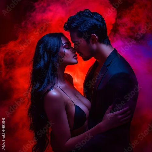 A close-up of a passionate couple embracing and about to kiss, bathed in a dramatic red light with a smoky atmosphere.