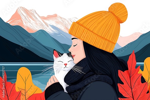 Woman with cat, autumn mountains