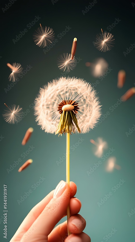 Fototapeta premium Abstract glowing dandelions dispersing festive light seeds across a dark dreamy background, symbolizing imagination and transformation Future Innovation and Breakthrough Ideas