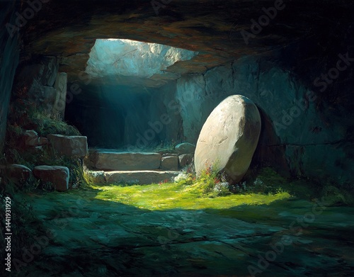 An empty tomb with the stone rolled away is bathed in a gentle light, alluding to the resurrection and the subsequent ascension. photo