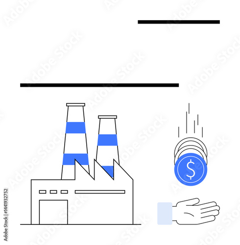 Factory with smokestacks emitting outlined steam and coins falling into a hand symbolizing financial gain. Ideal for industry, finance, investment, economy, production, sustainability, simple landing