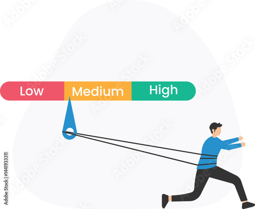 Businessman pulling a lever connected to a gauge displaying low, medium, and high levels, representing effort and achieving high performance in business and career

