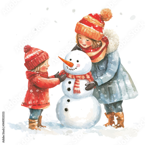 mother and child making a snowman, watercolor drawing, isolated on a white background. mother and child making a snowman vector.