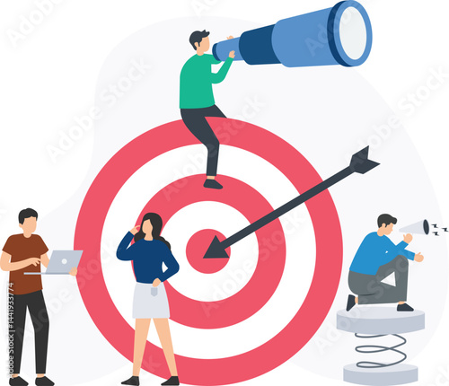 Business team working together using laptop, megaphone and telescope, focusing on reaching target and achieving goal, business concept illustration

