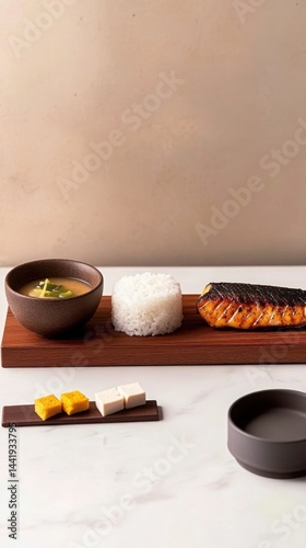 A serene Japanese breakfast set on a minimalist, handcrafted wooden tray, showcasing a delicate bowl of miso soup.