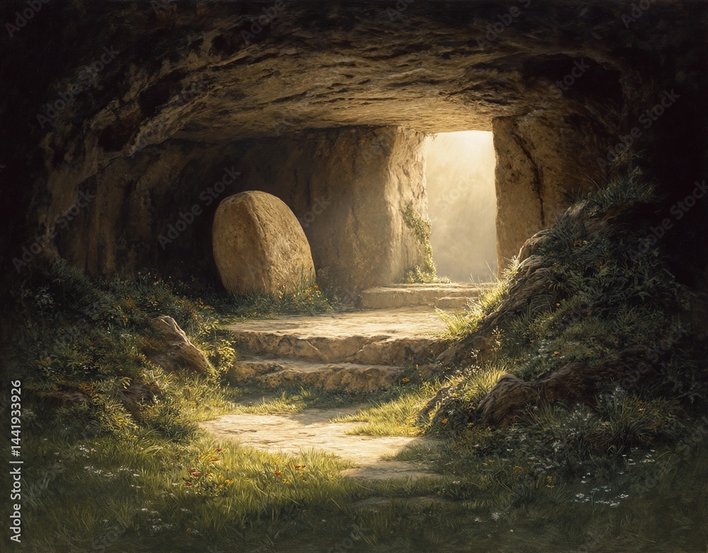 custom made wallpaper toronto digitalAn empty tomb with the stone rolled away is bathed in a gentle light, alluding to the resurrection and the subsequent ascension.