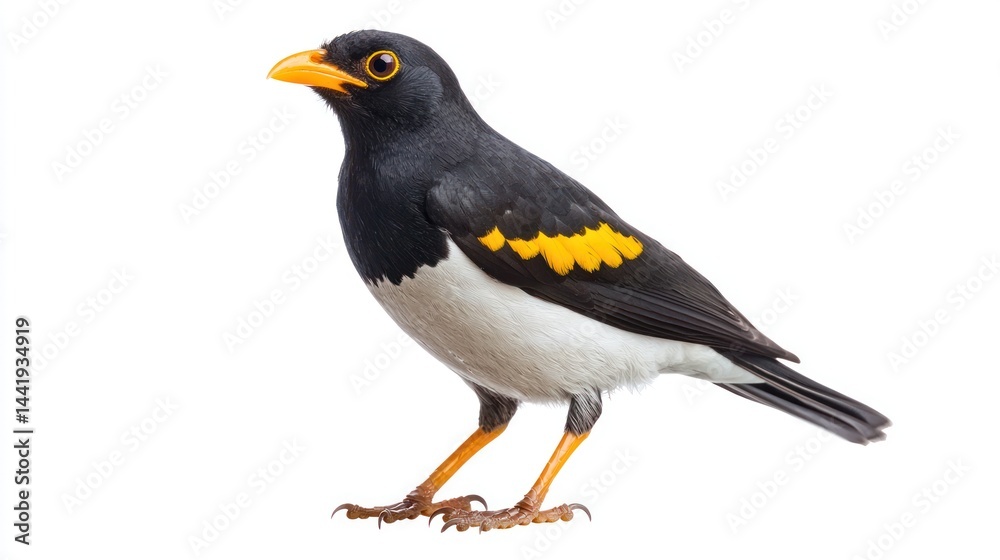 A myna bird standing with yellow markings, isolated on white A myna bird standing with yellow markings, isolated on white