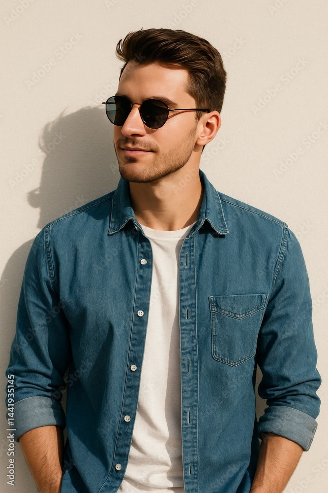 Obraz premium A stylish young man standing against a light backdrop, wearing a denim shirt rolled at the sleeves, a white t-shirt underneath, and round sunglasses.