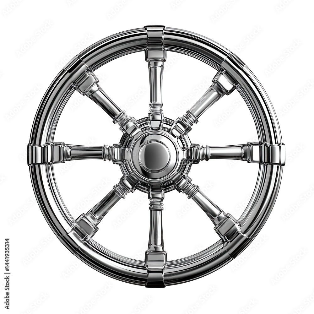 Naklejka premium A highly detailed, stylized metallic wheel, resembling a futuristic steering wheel.