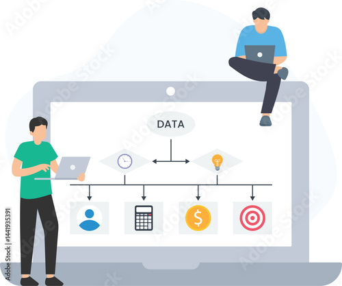 Two programmers are working on a laptop, analyzing a data flowchart that includes time, ideas, user, calculation, money, and target, developing a business strategy

