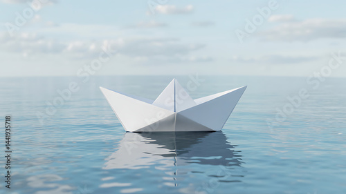 Serene paper boat floats gently on tranquil ocean waves peaceful journey hope dream