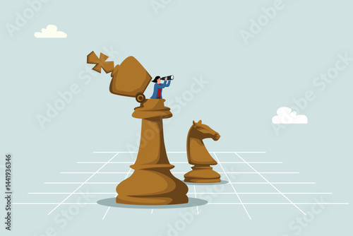 Success strategy, forward planning to win business competition, leadership vision or seeking opportunities, competitor analysis concept, female business leader opens chess king with binoculars to look