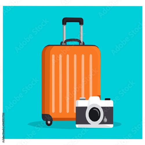 Vector of an orange suitcase and a photo camera. Adventure travel concept.