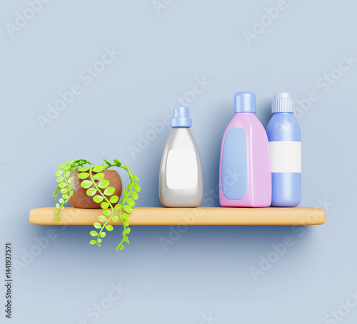 Fototapeta Naklejka Na Ścianę i Meble -  Bathroom shelf on blue wall with laundry detergent bottles and plant in pot 3d render. Home interior storage furniture with cleaning products - washing gel, cloth softener and bleach. 3D illustration