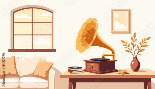Nostalgic scene with vintage gramophone in cozy room, timeless charm