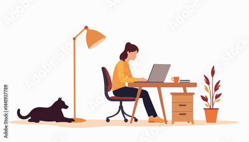 Person working remotely at desk with dog, cozy home office vibe