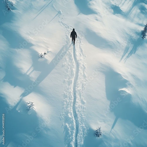 Overhead shot of a lone trailblazer making a new path through the snow symbolizing bold exploration and entrepreneurial ambition Startup Journey through Adversity Bold Innovation in Harsh Conditions