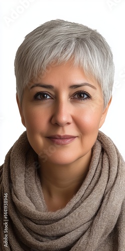 Portrait of a Beautiful, Confident Mature Woman with Short Gray Hair on a White Background