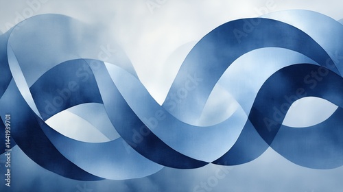 Blue ribbons weaving together create a dynamic visual, surrounded by soft mist, evoking fluidity and movement in abstract art