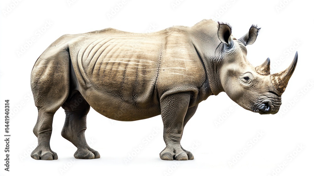 Naklejka premium A rhino standing with a large horn, against a white backdrop