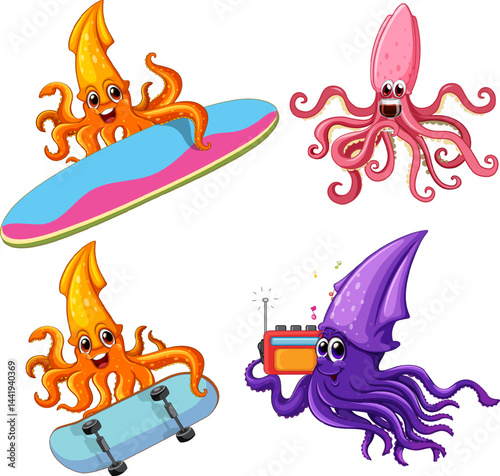 squid cartoon characters set vector icon logo character premium illustration