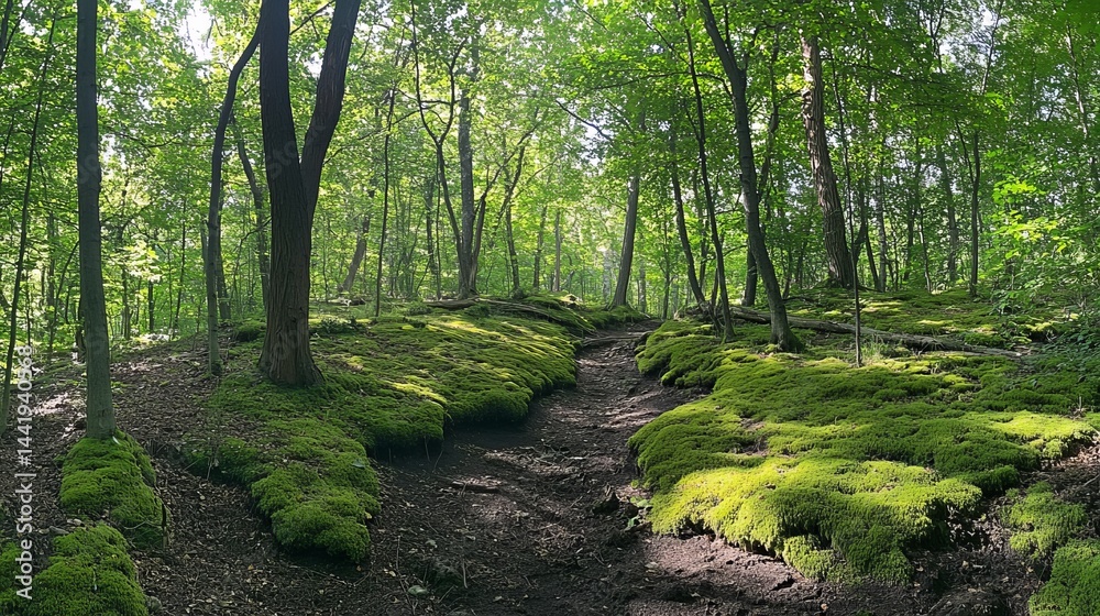 Obraz premium Serene green forest path mossy ground sunlight trees nature eco calm walk lush leaf view park woods