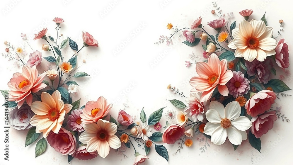 Obraz premium eleganter Blumenrahmen mit schönen Blüten, ideal für Einladungen, Hochzeiten, Muttertag, Valentinstag, Geburtstage und romantische Designs.