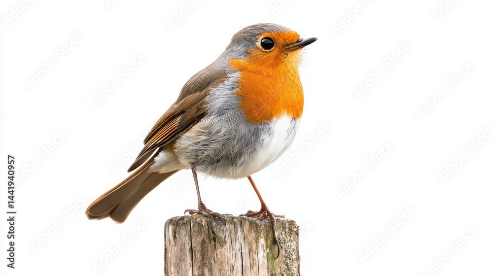 Fototapeta premium A robin bird perched on a wooden post, set against white