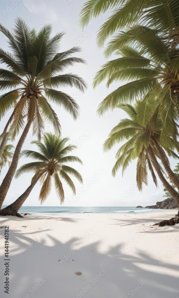 Obraz premium Deep, defined palm tree shadow against stark white Vibrant tropical feel , summer, nature
