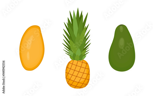 Set of fruits isolated on white or transparent background. Yellow pineapple with green leaves, green avocado and yellow mango. Vector illustration. Closeup food elements for design decoration.