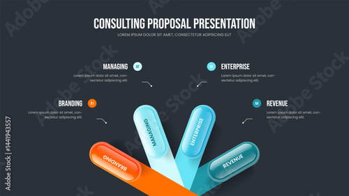 Visual Performance Presentation Design Vector Illustration. Business Report Four Element Infographic Slideshow Layout. Market Briefing 4 Step Diagram Frame Template.