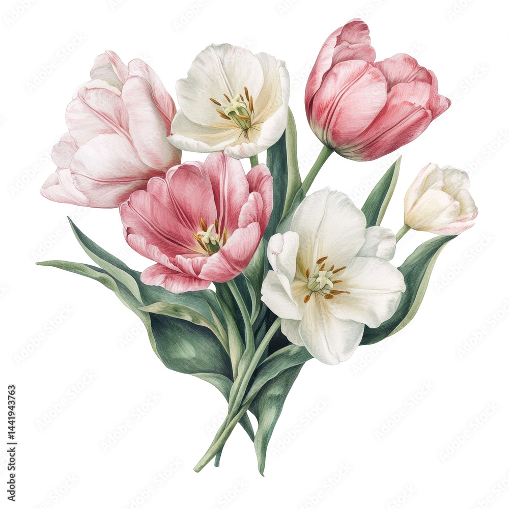 Fototapeta premium A beautiful image of a flower arrangement featuring various shades of pink and white tulips.