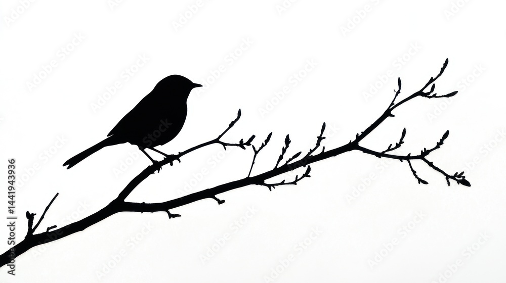 Fototapeta premium A simple bird silhouette perched on a branch, against white