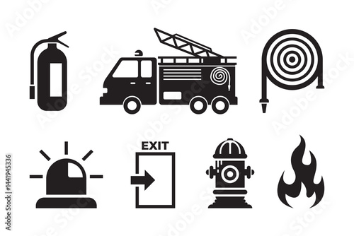 Vector illustration featuring black and white emergency icons depicting fire safety equipment and symbols, including extinguisher, fire truck, hydrant, alarm, and exit sign.