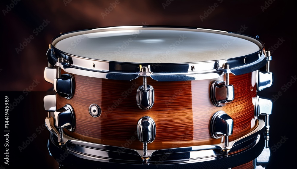 Obraz premium A wooden snare drum with chrome hardware is displayed against a dark background, highlighting its glossy finish and craftsmanship.