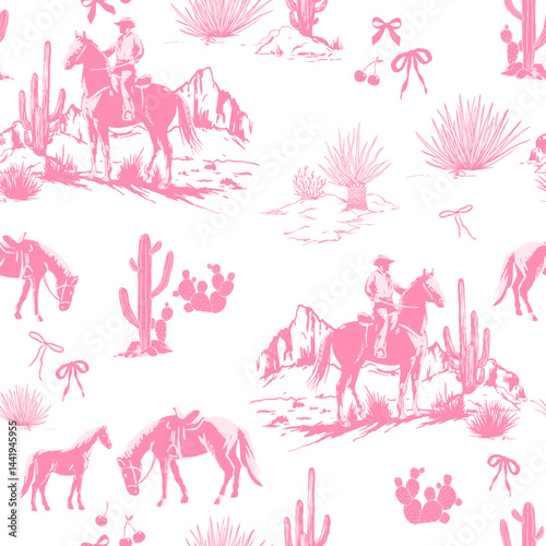 Seamless vector pattern Rodeo Cowboys , a desert landscape with cacti, pink bows, and cherries a design for fabrics and prints in the Wild West style
