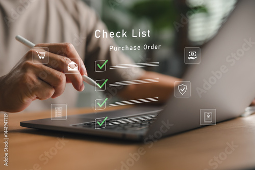 Professional reviewing digital purchase order checklist to verify procurement details, ensuring accuracy, compliance, and successful transaction in modern business operations.