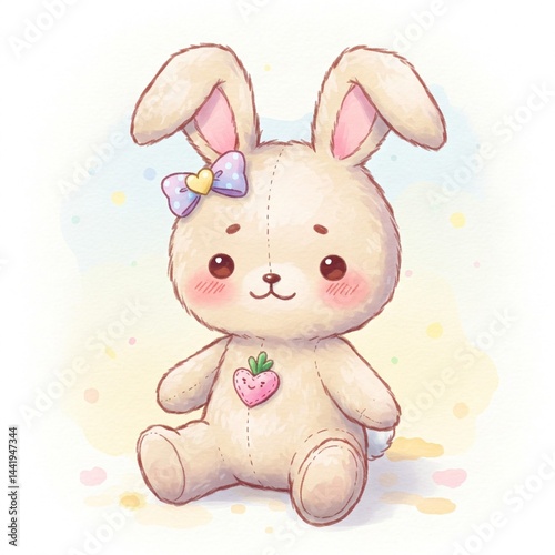 Cute watercolor illustration of a little bunny doll.