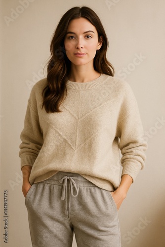 A young woman confidently standing in a cozy, casual outfit consisting of a soft oversized knit sweater with subtle geometric patterns and relaxed jogger pants.