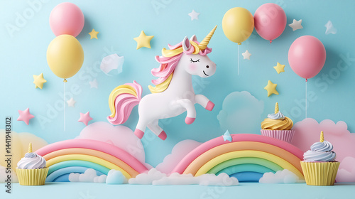 Colorful Wonderland with Unicorn, Rainbows, Balloons, and Cupcakes
