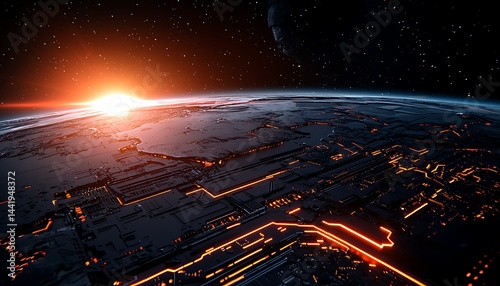 Futuristic, high-tech, and detailed view of an alien planet, resembling a vast circuit board
