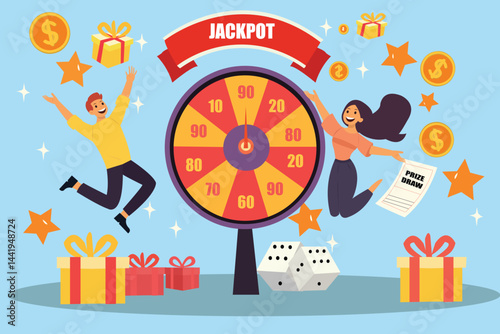 Casino and gambling. People playing fortune wheel. Winners with gift boxes, dice and giant raffle drum. Players spinning lucky wheel, hit jackpot and receive money. Woman celebrate lottery winning