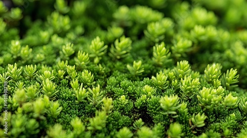 Vibrant green lush sedum plants close up nature photography moss life view flora fresh color vivid