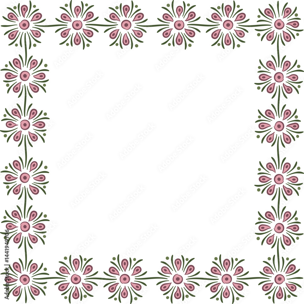 Square garland with schematic flowers. Illustration made with flowers on a white background creating a rectangular border. Square garland with schematic flowers. Illustration made with flowers on a white background creating a rectangular border.