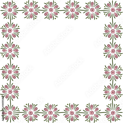 Square garland with schematic flowers. Illustration made with flowers on a white background creating a rectangular border.