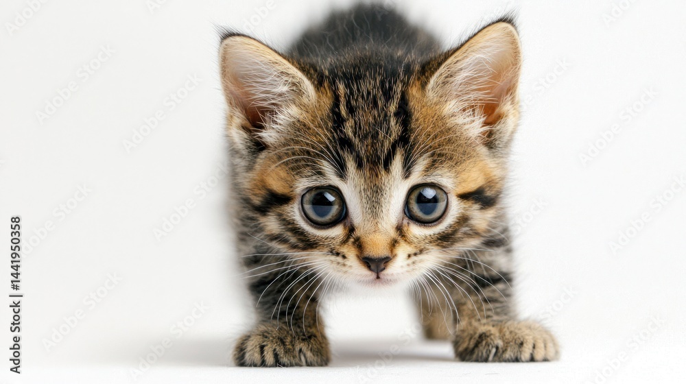 A tabby kitten standing on all fours, looking curiously, on a white backdrop A tabby kitten standing on all fours, looking curiously, on a white backdrop