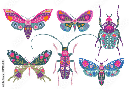 Set of six vector ornate insects, beetles, butterflies. Folk art floral posters illustrations.