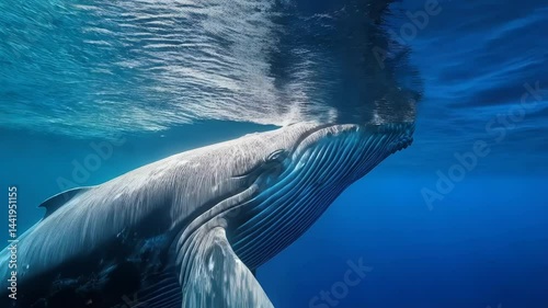 Majestic blue whale glides gracefully beneath the ocean surface, bathed in rays of sunlight streaming through the deep blue water. 