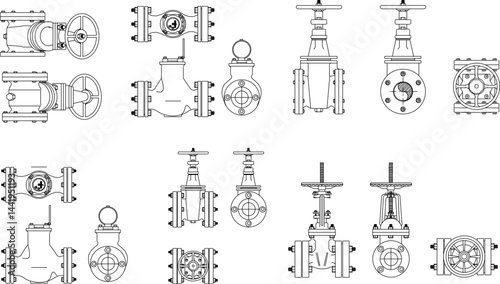 Vector sketch illustration silhouette design collection of pipe fittings with taps for flowing water, oil and gas